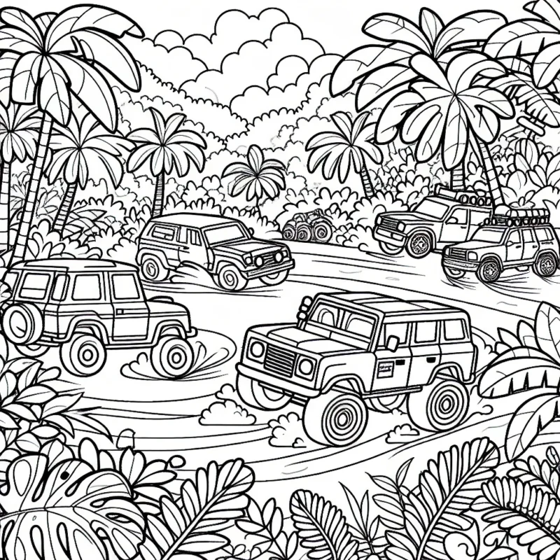 Un parcours de rallye dans la jungle avec différentes sortes de voitures