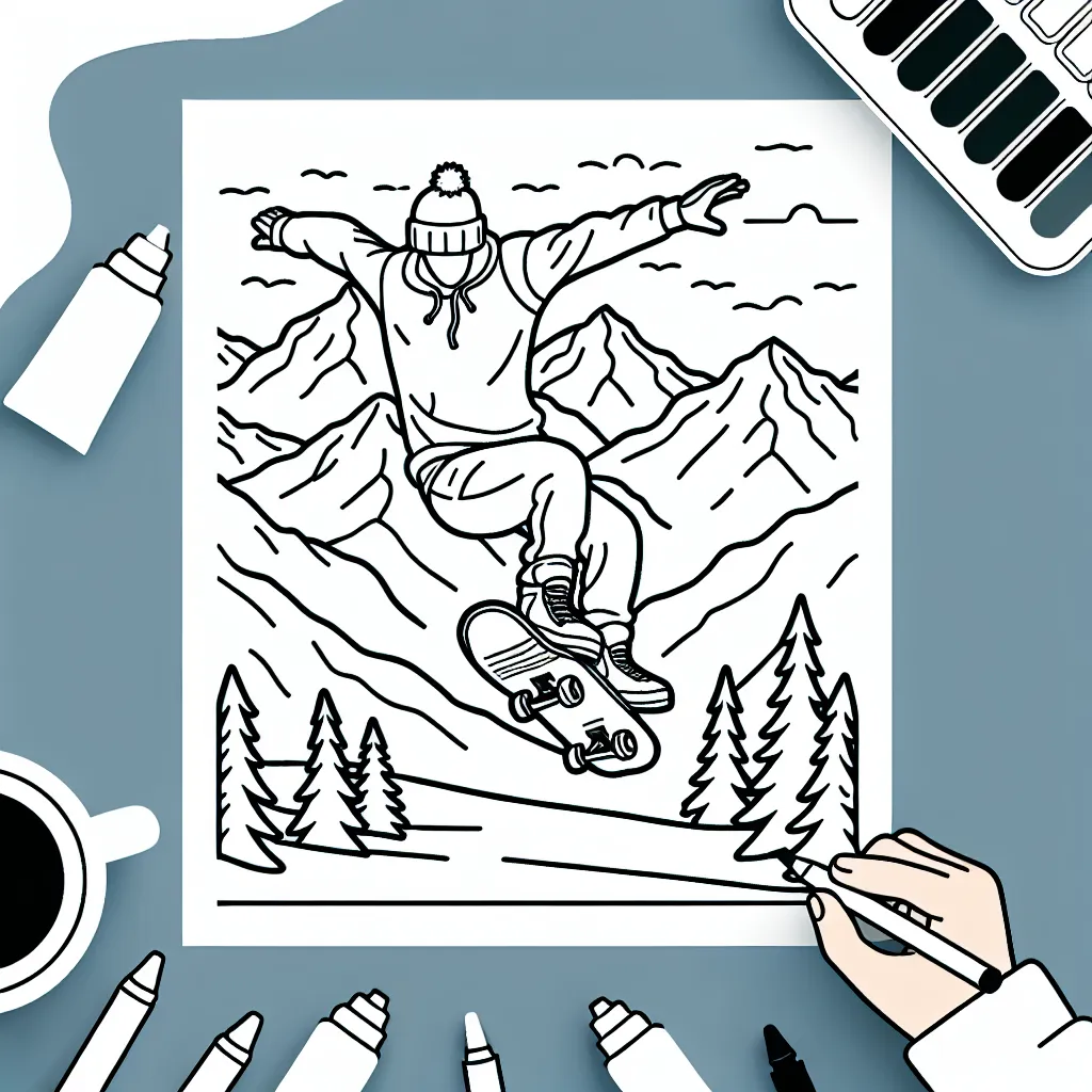 Illustration d'un skater exécutant un trick sensationnel en plein air avec des montagnes en arrière-plan