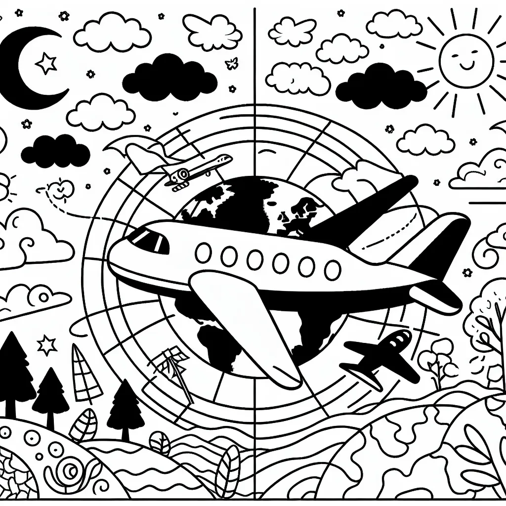 Dessine un avion survolant différentes scènes du monde pendant les quatre saisons.