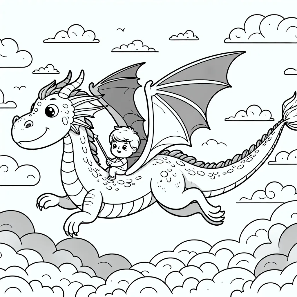 Un petit garçon chevauchant un dragon majestueux volant au-dessus des nuages!