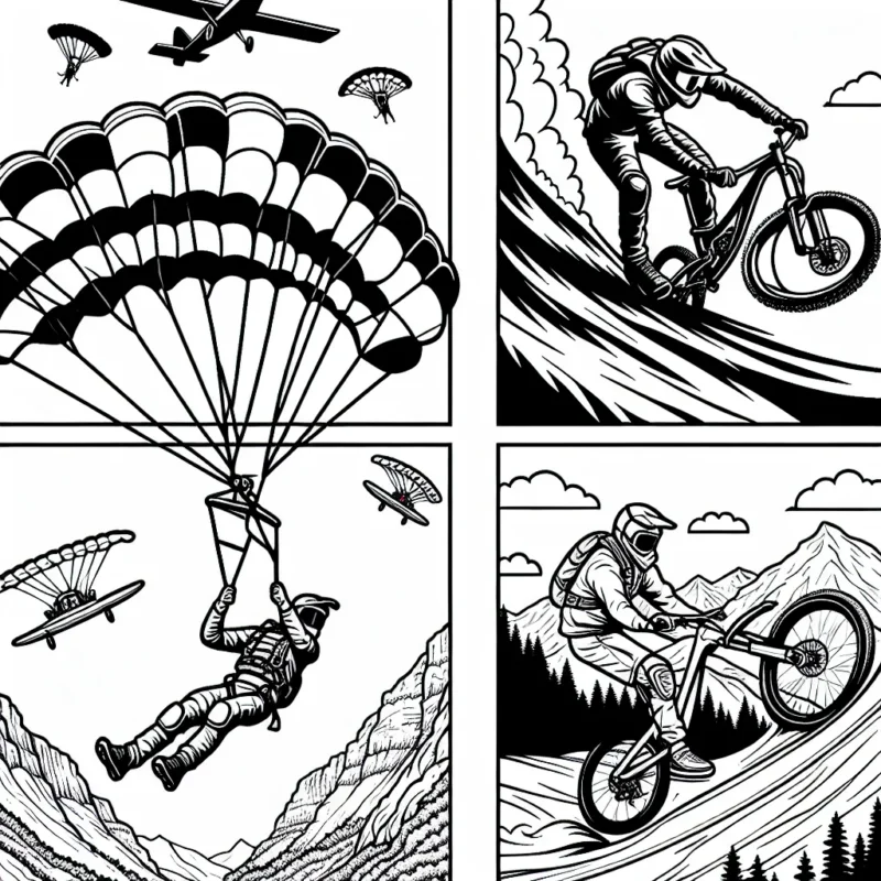 Notre page de coloriage présente quatre sports extrêmes passionnants: le parachutisme, le surf sur grosses vagues, le VTT de descente et l'escalade de montagne. Chaque sport est représenté par un sportif en action, engagé dans son activité respective. Les sports extrêmes impliquent souvent un élément de risque élevé, requièrent certaines compétences et se déroulent souvent dans des environnements de haute intensité. Les enfants auront l'occasion de colorier ces scènes, leur donnant vie à travers leurs couleurs préférées.