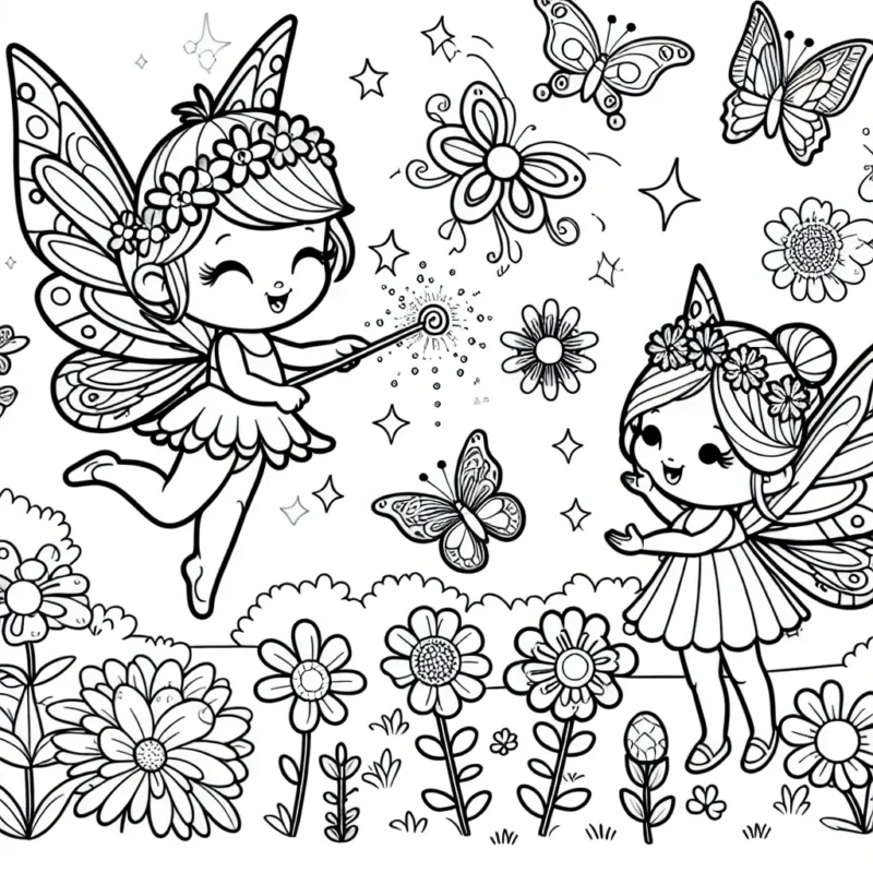 Une petite fée anime une ronde colorée de fleurs et de papillons dans une prairie lumineuse. Chaque papillon a un design unique, tandis que la fée, avec ses ailes scintillantes, dirige la danse avec une baguette magique.