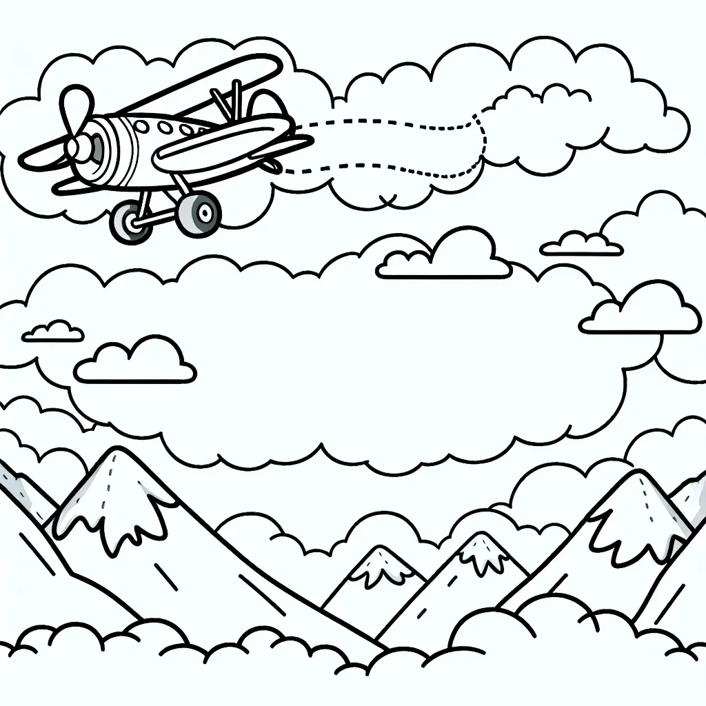 Imagine un avion volant haut dans le ciel parmi les nuages, avec des montagnes enneigées en arrière-plan et la bannière de l'avion déroulée dans le vent.