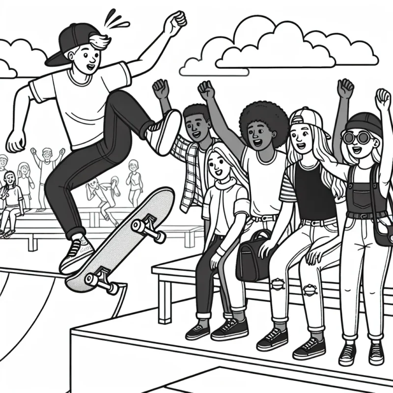 Dessine un skateur exécutant un fantastique saut dans un grand parc de skate, entouré d'amis impressionnés qui applaudissent.