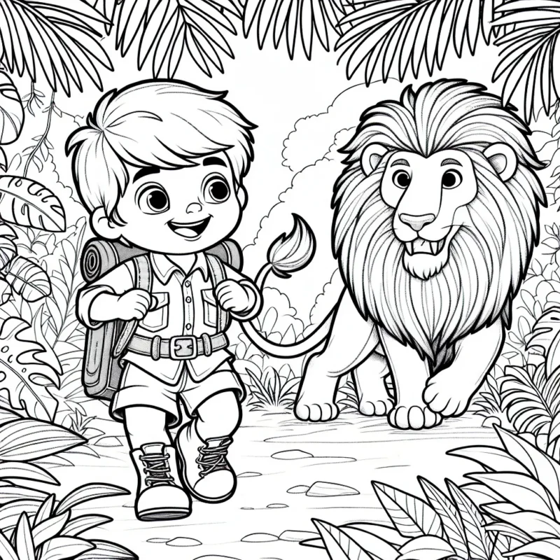 Un petit garçon explorateur s'aventure dans la jungle avec son fidèle compagnon, un lion majestueux, à la recherche d'un trésor caché.