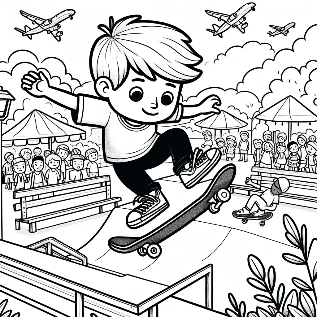 Imagine le dessin d'une scène d'un skateur professionnel effectuant un saut spectaculaire sur une rampe de skate dans un parc public animé.