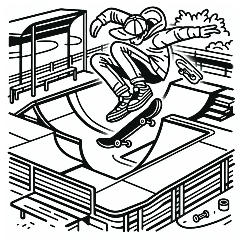 Dessine un parcours de skatepark plein d'action avec un skateur en plein saut!