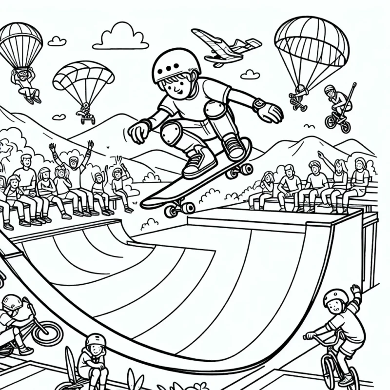 Dessine un skateboarder audacieux naviguant sur une rampe en demi-lune dans un parc à skate, entouré de spectateurs émerveillés. N'oublie pas d'ajouter des détails comme le casque et les genouillères pour la sécurité. En arrière-plan, tu peux aussi dessiner des gens faisant du BMX, de l'escalade et du parachutisme.