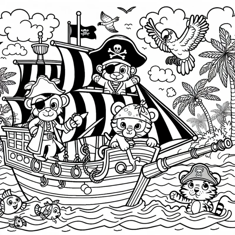 Imagine un monde mélangeant les pirates et les animaux de la jungle. Il y a des singes matelots, des tigres pirates et même un perroquet capitaine! Ils sont tous sur un grand bateau de pirate naviguant sur une mer mystérieuse. Mais attention à l'île de la jungle au loin avec ses poissons exotiques et ses plantes sauvages!