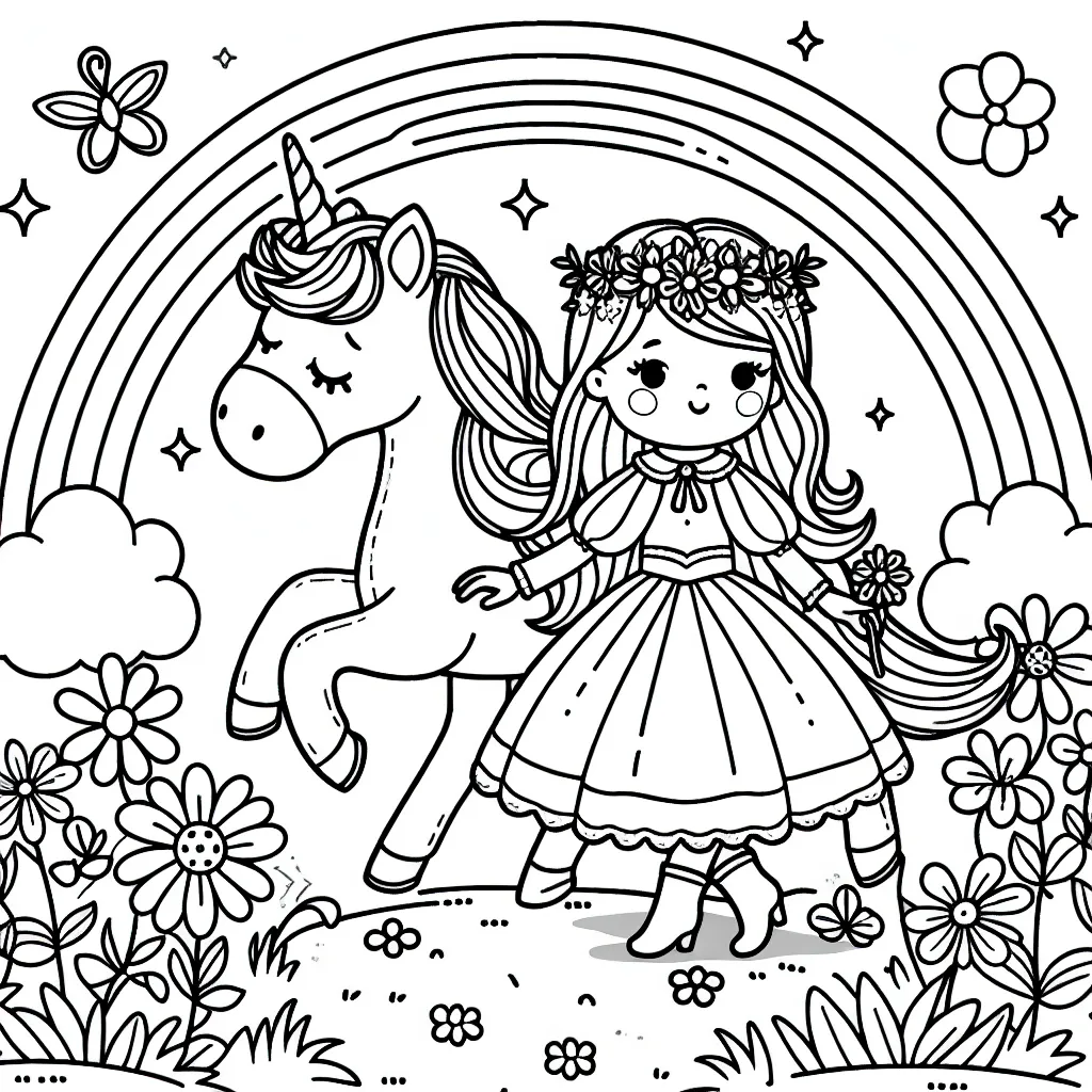 Une jeune princesse tenue par la main par une licorne magique, traverse un jardin fleuri sur un arc-en-ciel brillant.