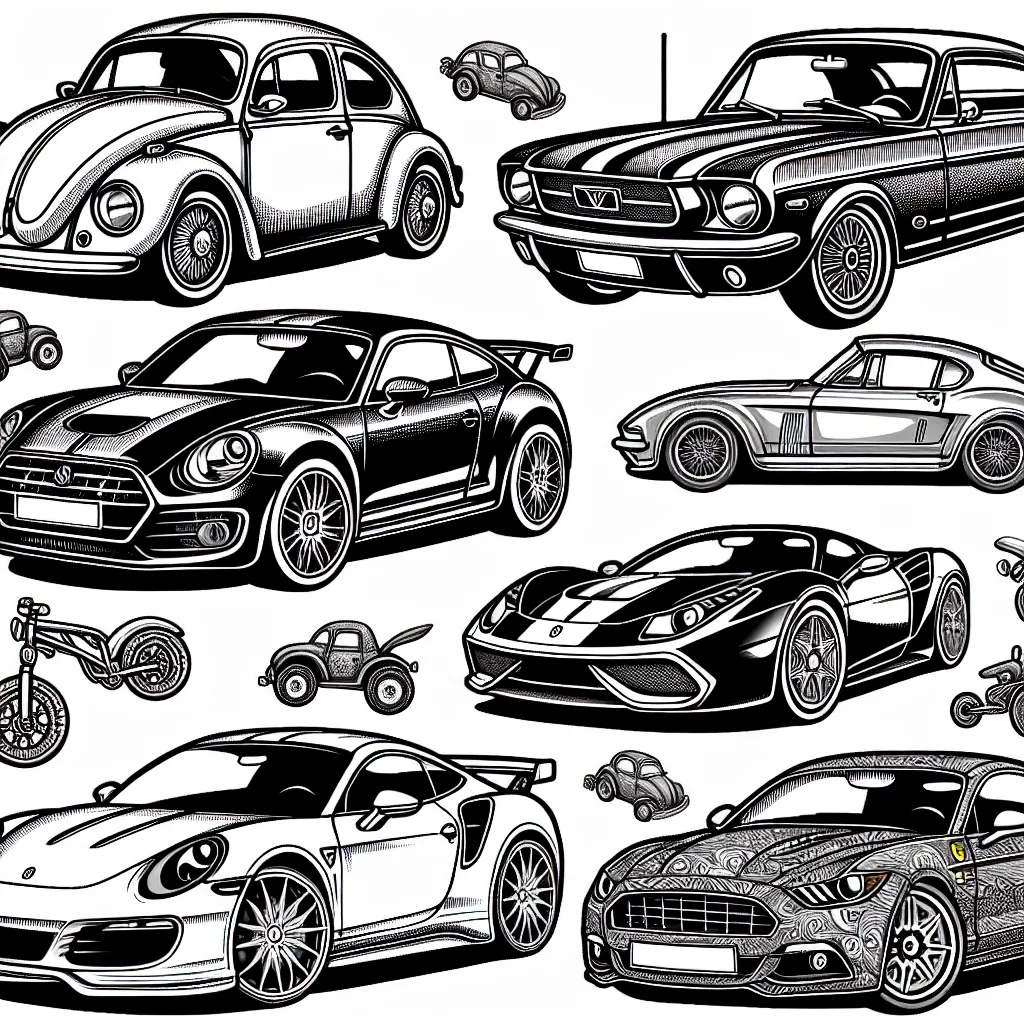 Un assortiment de voitures étincelantes de différentes marques attendent d’être colorées. De la Volkswagen Beetle classique à la puissante Ford Mustang, en passant par la luxueuse Ferrari, chaque voiture est un chef-d'œuvre à colorer. Assurez-vous de colorer les logos des marques aussi !