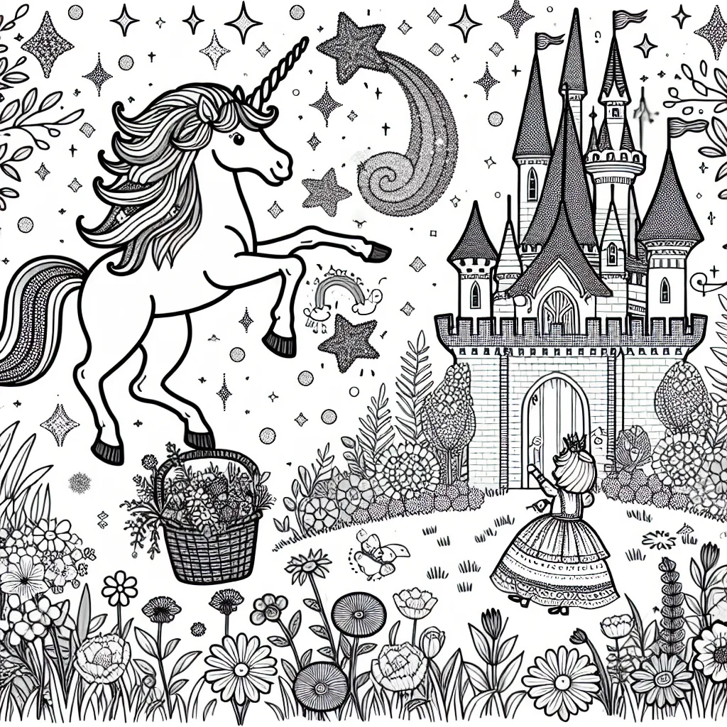 Une adorable licorne à crinière arc-en-ciel, gambade joyeusement dans un champ de fleurs multicolores. Elle fait des acrobaties magiques en produisant des étoiles pailletées qui illuminent le ciel. À côté du champ, il y a un château enchanté avec des tours scintillantes. Une petite princesse l'attend sur le pont-levis avec un panier plein de friandises pour la licorne.