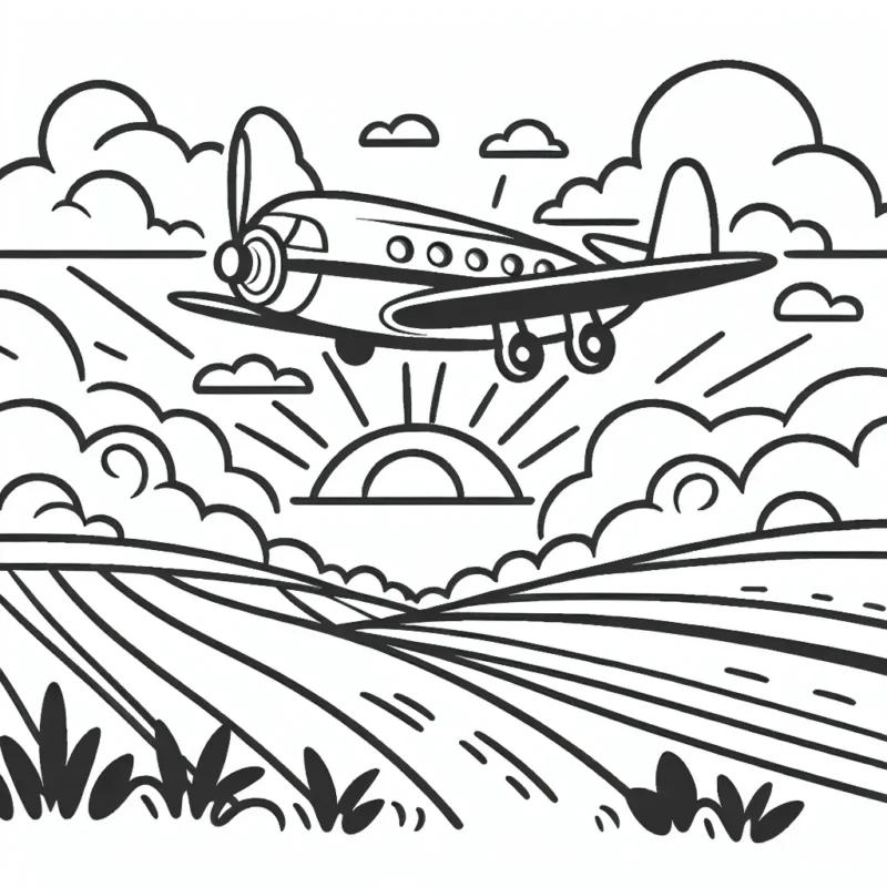 Dessine un avion majestueux navigant au-dessus de la campagne, avec un ciel rempli de nuages doux.