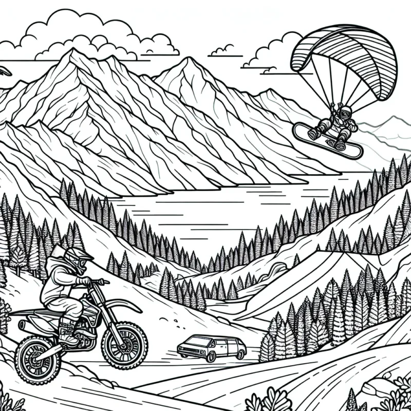 Dans ce dessin, tu découvriras un paysage de montagne, avec une piste de snowboard escarpée dans le fond. En haut de la piste, tu trouveras un sportif prêt à s'élancer sur son snowboard. Ça ne s'arrête pas là ! Sur le côté, tu verras un saut de motocross avec un motard en plein vol. Enfin, dans le ciel, tu pourras colorier un parapentiste qui survole le tout lac. Bon coloriage !