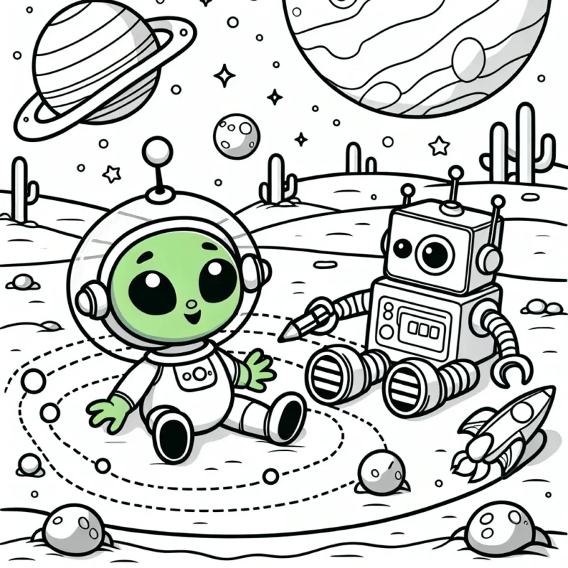 Un adorable petit extraterrestre vert joue avec un robot dans un parc d'attractions sur Mars.