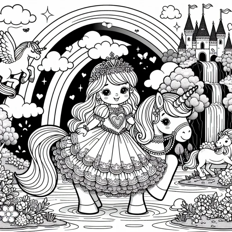 On pourrait créer un dessin de conte de fée avec une petite princesse sur son poney magique dans un paysage enchanteur. Cette scène devrait également comporter une licorne, un arc-en-ciel, une cascade et un château. La petite princesse porte des vêtements magnifiques avec beaucoup de détails à colorier, tout comme son poney.