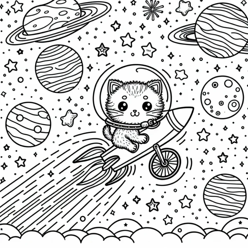 Un petit chaton curieux volant à travers l'espace au guidon de son vélo fusée, passant à travers un champ galactique d'étoiles scintillantes, de comètes colorées et de planètes de tous types et formes.