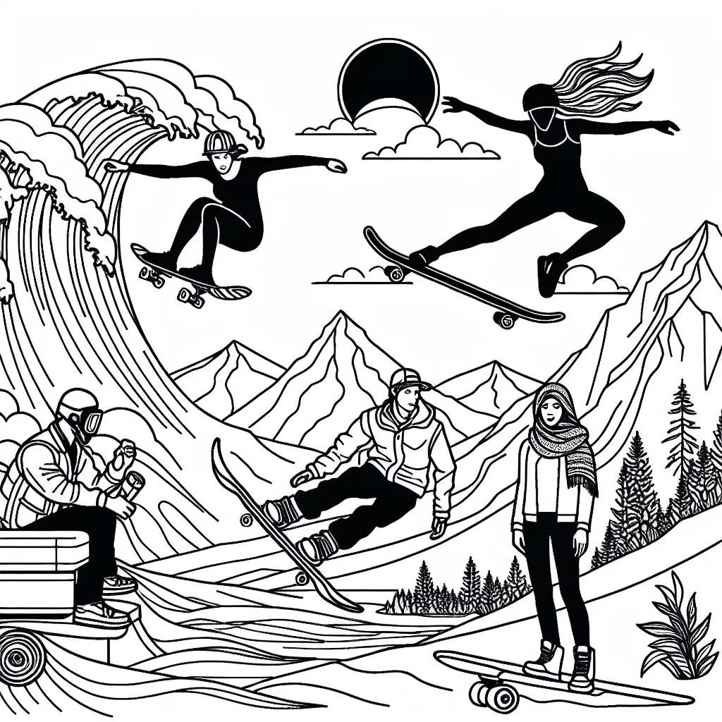 Sur la page de coloriage, dessinez un skateur professionnel effectuant un trick dans un demi-pipe, un surfeur sur une vague géante, un base jumper sur le point de sauter d'une falaise et un snowboardeur en action dans les montagnes. Ajoutez également des détails comme l'environnement autour d'eux pour rendre le coloriage plus attrayant.