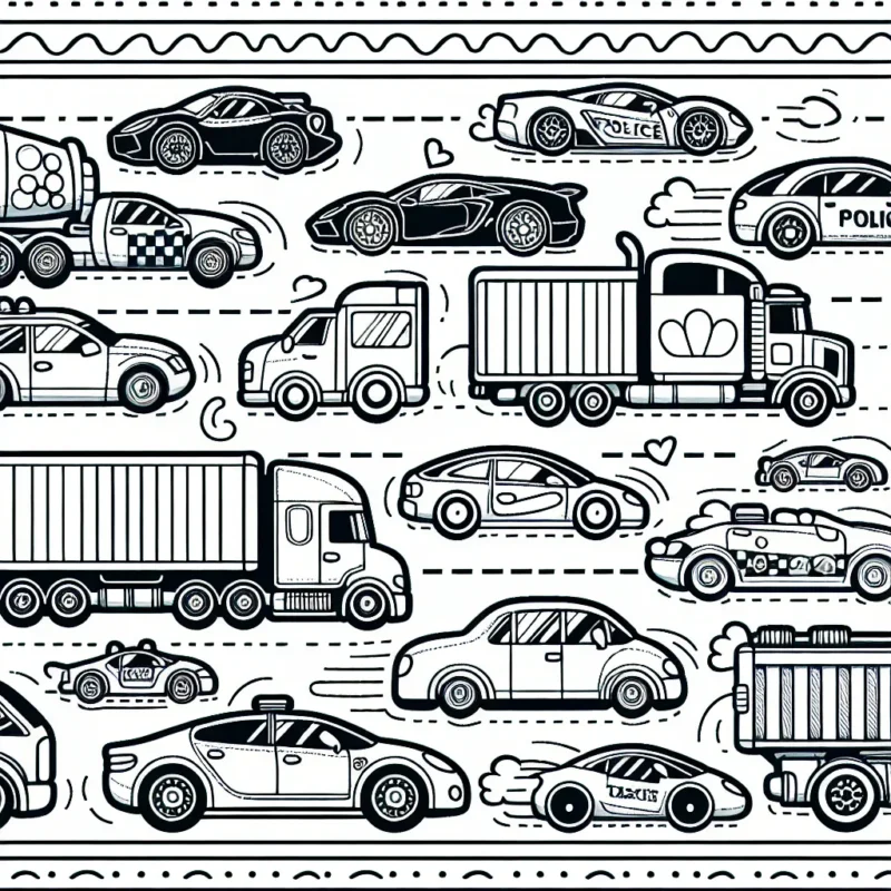 Un défilé dynamique de voitures sur une autoroute animée, des camions transportant divers objets, des voitures de sport roulant à grande vitesse, une voiture de police en patrouille et des taxis transportant des passagers.