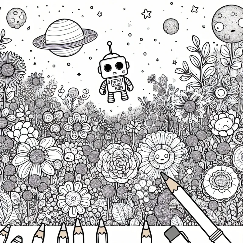 Sur une planète lointaine, un petit robot curieux explore un jardin extraordinaire plein de fleurs interstellaires vibrantes et d'animaux étranges à griffonner,