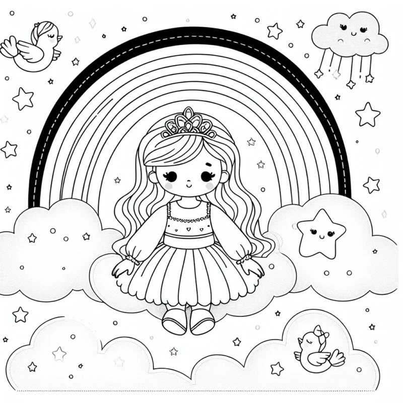 Une petite princesse assise sur un nuage, entourée d'étoiles avec un arc-en-ciel magique et des oiseaux chanteurs.