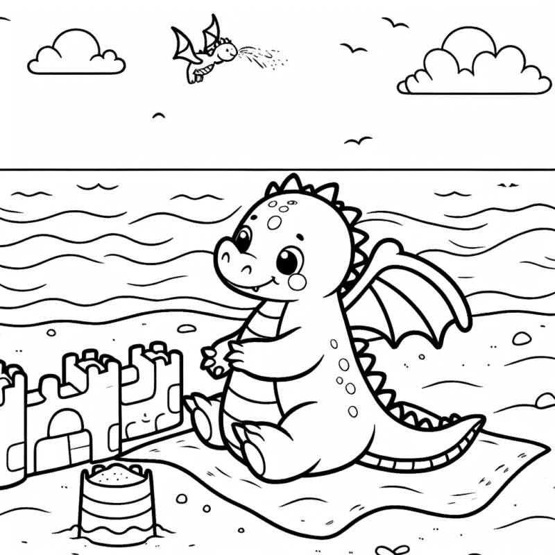 Imaginer et colorer un dragon amical jouant dans un château de sable à la plage