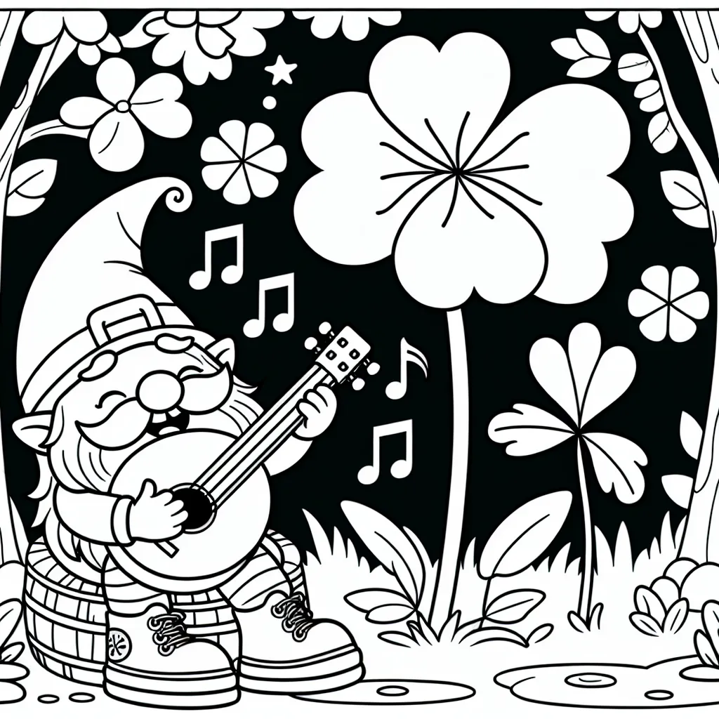 Un gnome sympathique joue de la musique sur une feuille de trèfle géante dans une forêt enchantée.