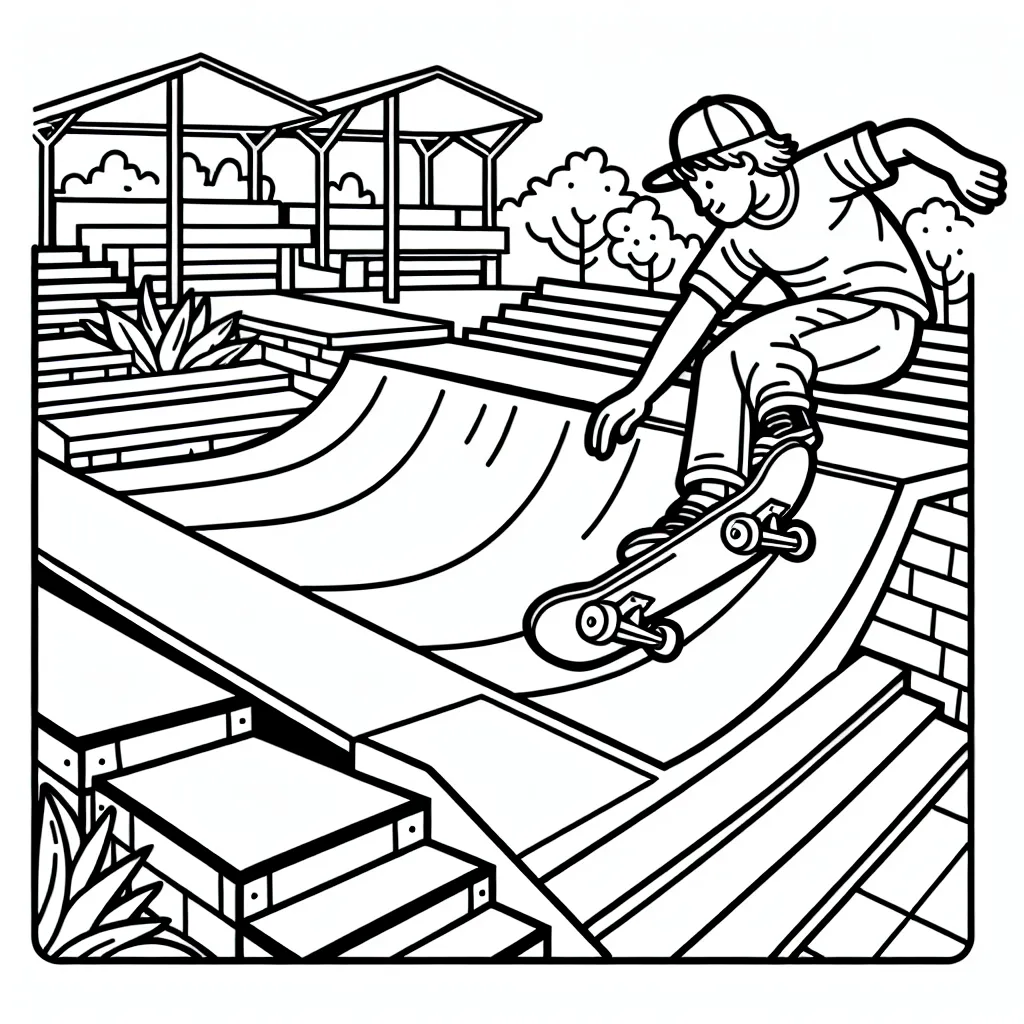 Dessine une scène qui présente un skateur professionnel complétant une grande rampe dans un parc de skate.