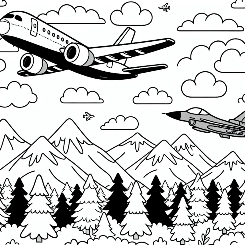 Dessine un avion de ligne survolant les forêts et les montagnes, tandis qu'un autre avion de chasse lui est juste à côté. Il y a des nuages dans le ciel. Les avions sont en haut du dessin laissant une grande place en bas pour les forêts et montagnes enneigées.