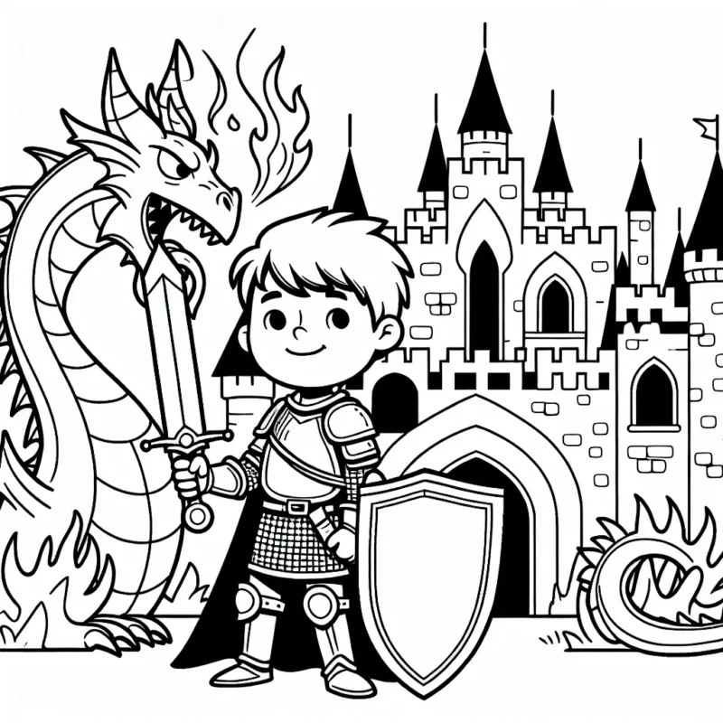 Un jeune garçon brave chevalier protégeant un superbe château des dragons cracheurs de feu