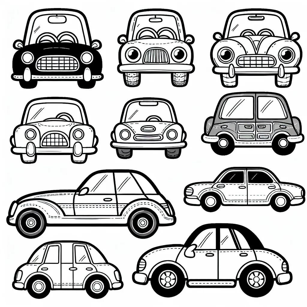 Dessine et colore des voitures de différentes marques comme BMW, Toyota, Audi, Chevrolet et Mercedes.