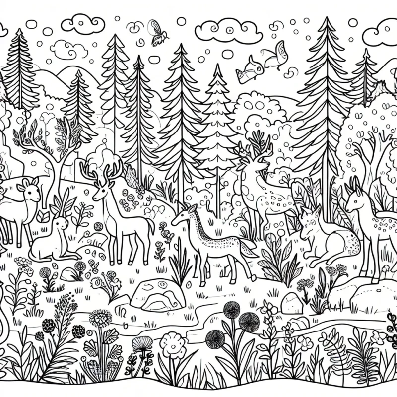 Un paysage de forêt enchantée avec des animaux mystérieux.