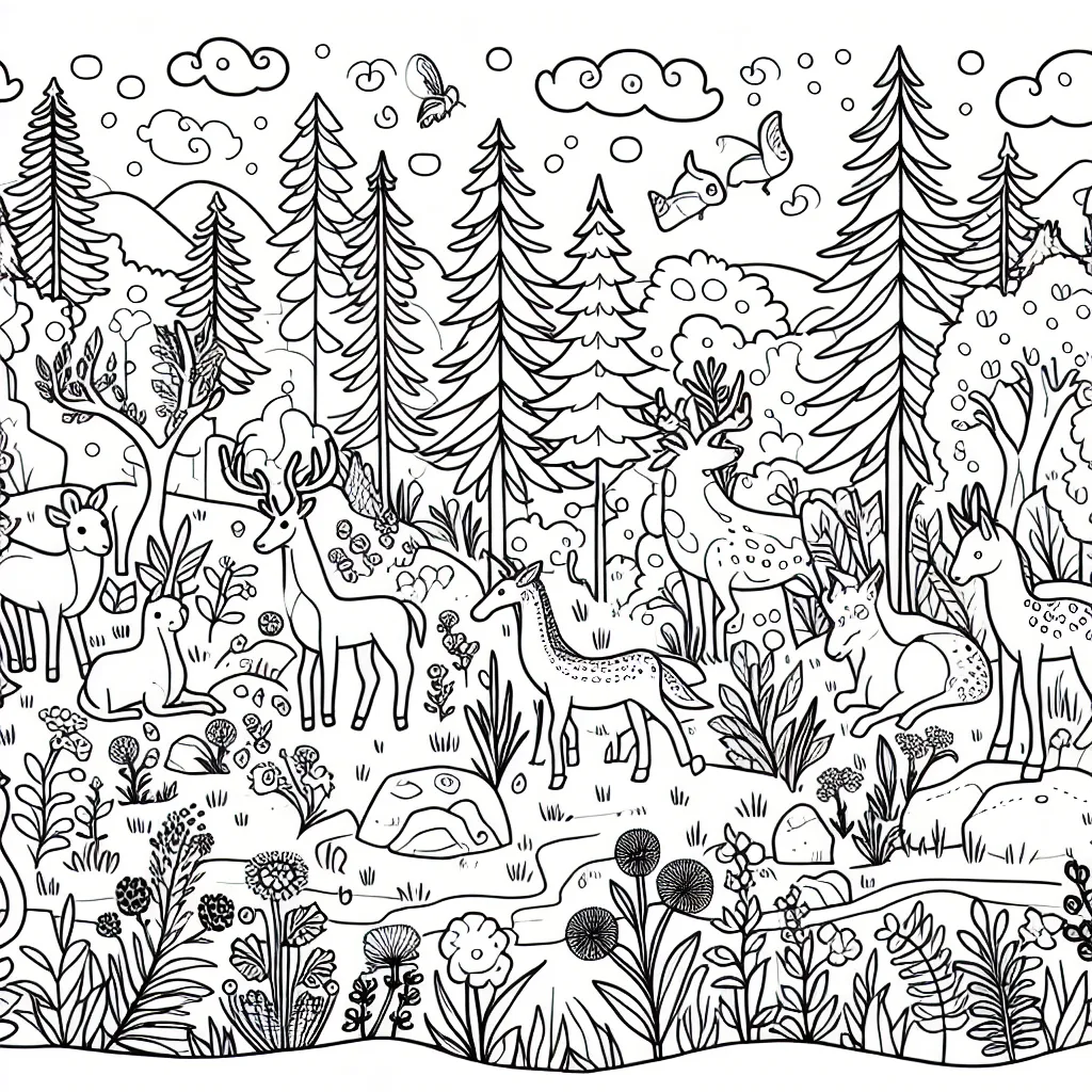 Un paysage de forêt enchantée avec des animaux mystérieux.