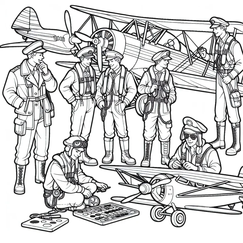 Un parterre d'aviateurs se prépare pour une course aérienne passionnante. Ils vérifient leurs engins colorés de toutes tailles et formes. Certains sont hauts et élancés, tandis que d'autres sont petits et ronds. Peux-tu colorier l'aventure ?