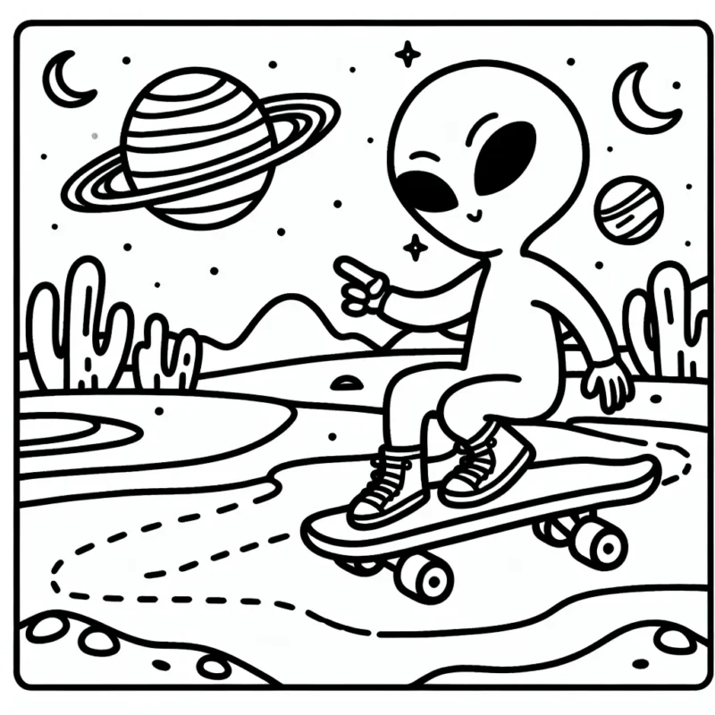 Un extraterrestre faisant du skateboard dans un paysage de planète lointaine