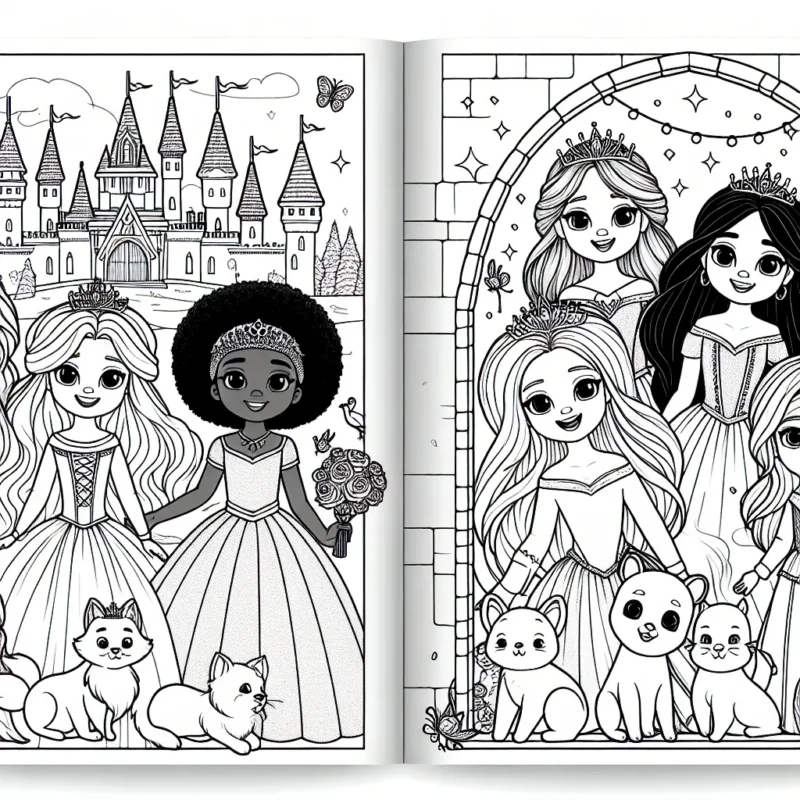 Un magnifique bal de princesses avec des animaux enchantés dans un château féerique.