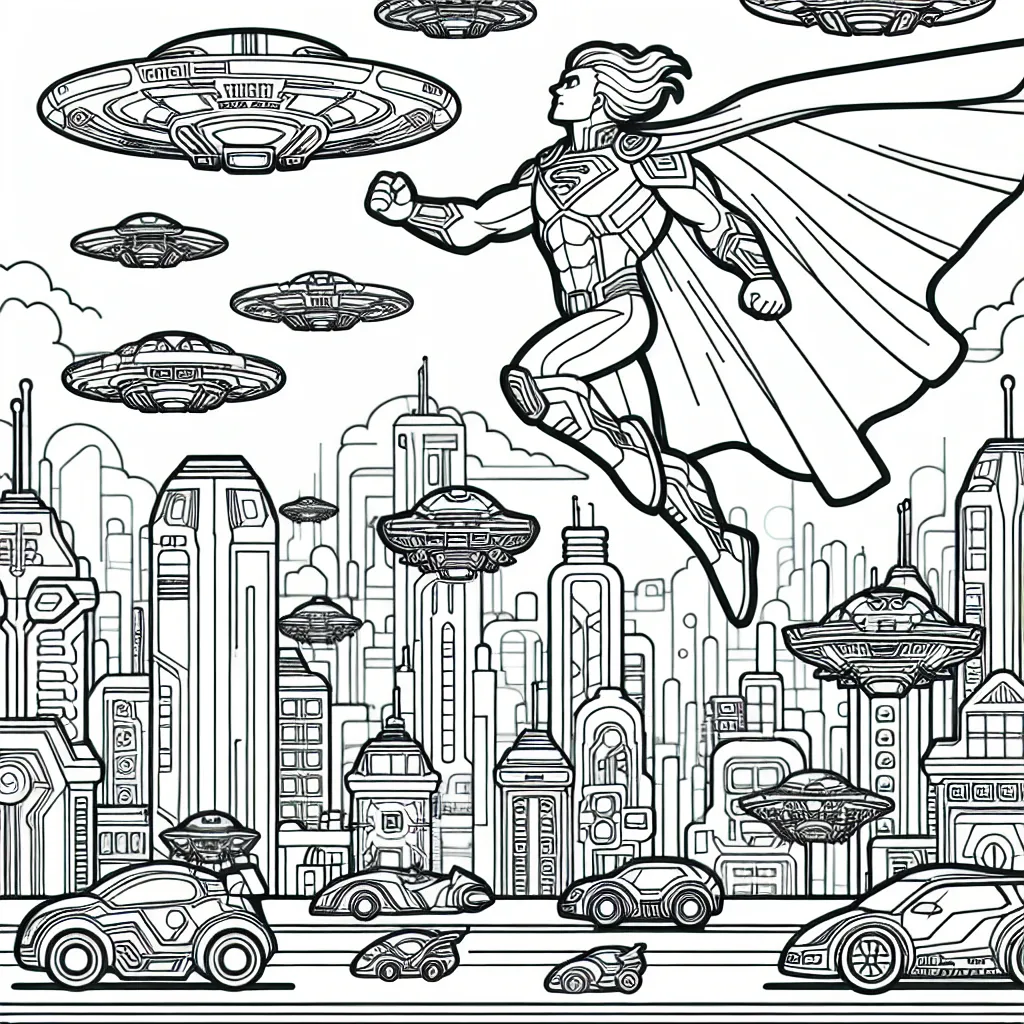 Image d'un super-héros volant au-dessus d'une ville futuriste avec différents véhicules volants