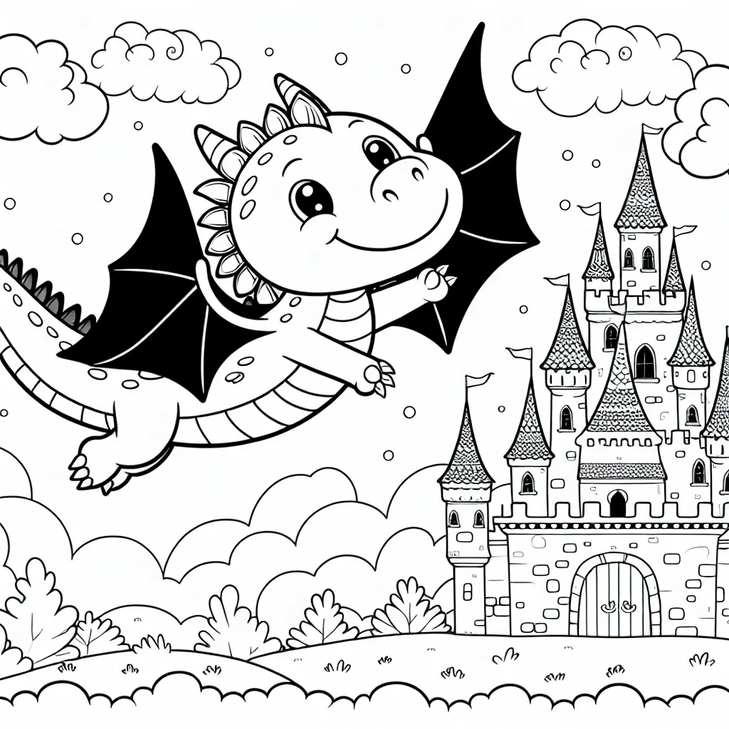 Un gentil dragon au grand sourire, volant au-dessus d'un château de conte de fées avec des nuages fantaisie dans le ciel.