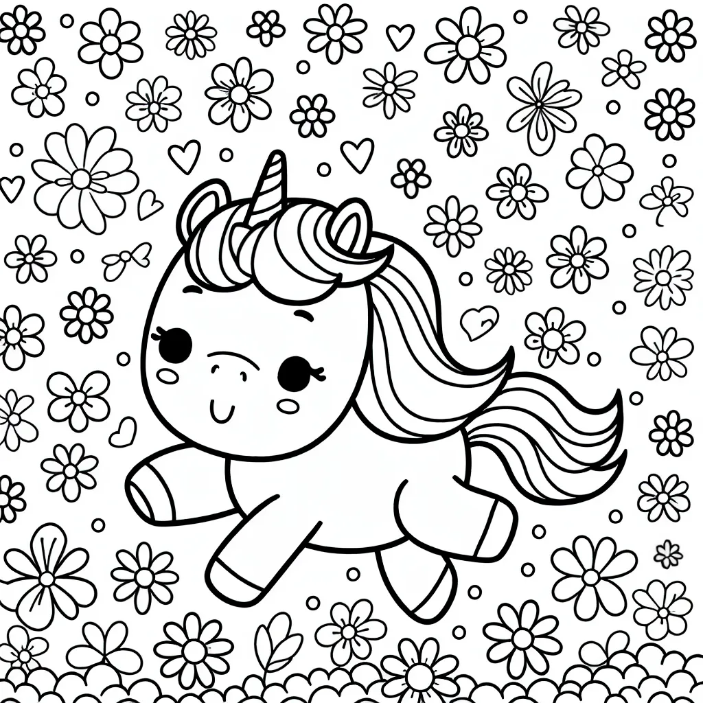 Une adorable petite licorne gambadant dans un champ de fleurs multicolores