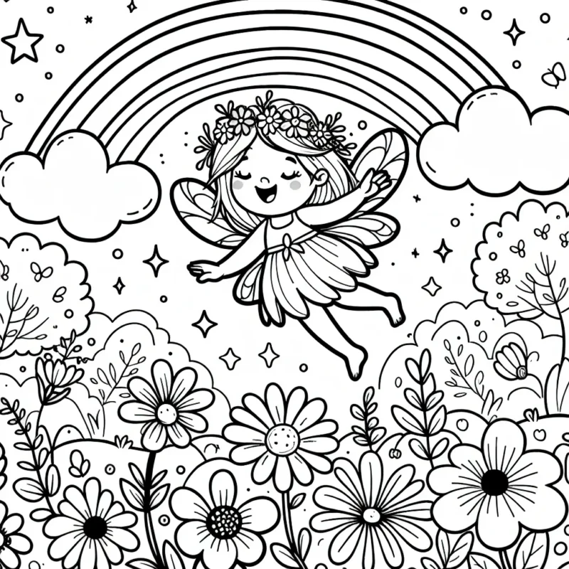 Dessine une petite fée enchantée qui vole joyeusement entre des fleurs magnifiques dans une forêt enchantée, avec un arc-en-ciel qui brille dans le ciel.