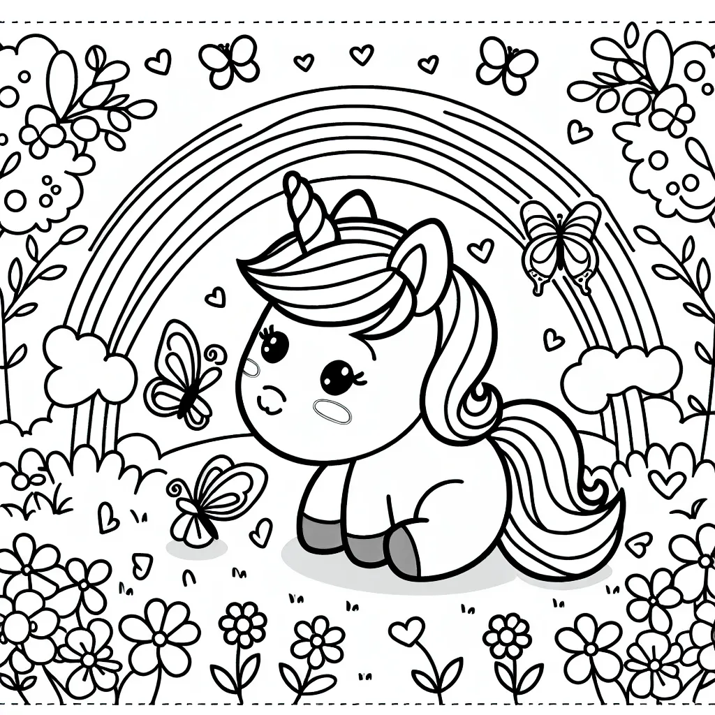 Dessine une licorne arc-en-ciel jouant avec des papillons dans un jardin fleuri au cœur d'un royaume enchanteur