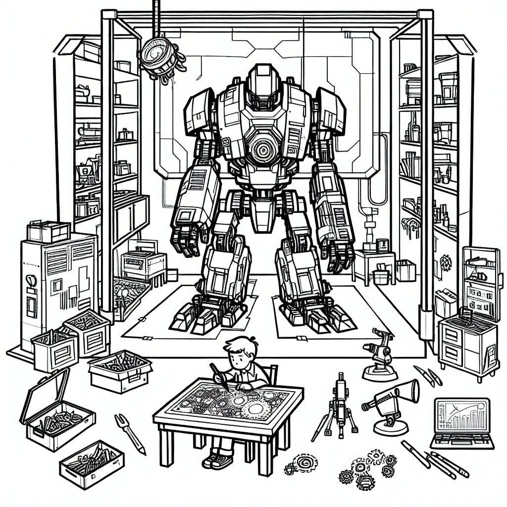 Un petit garçon est en train de construire un robot géant dans son atelier.