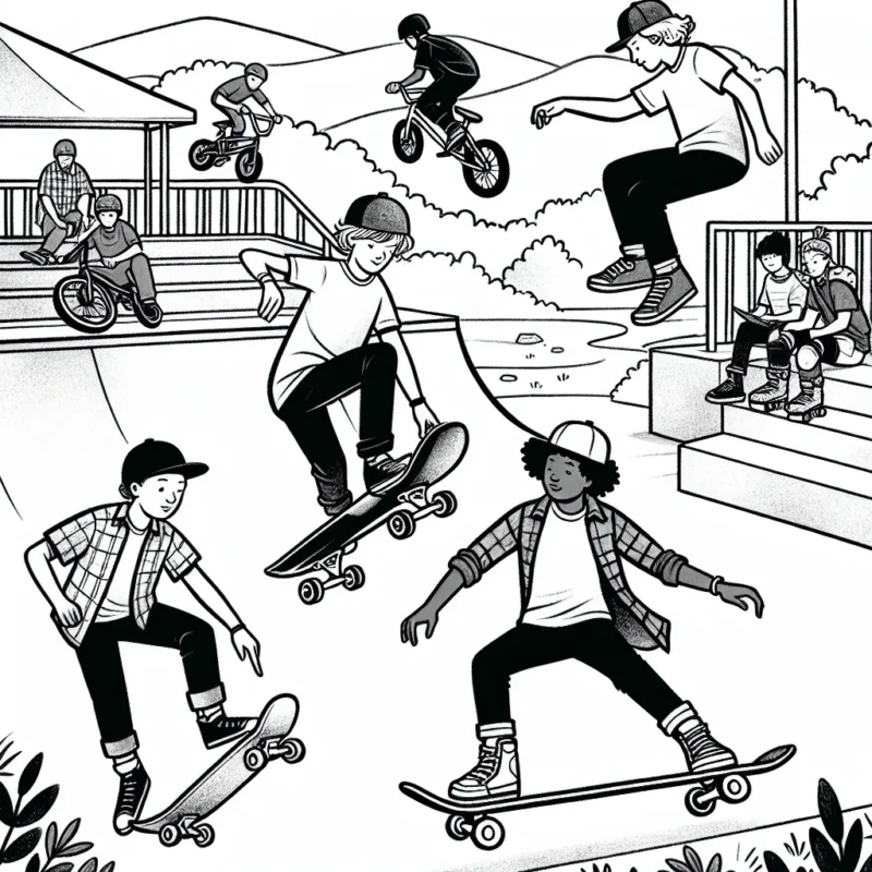 Scène d'un skate park avec des skateboarders, BMX riders et rollerbladers effectuant diverses figures