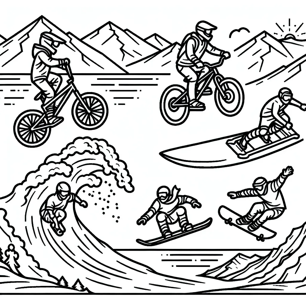 Dessine des athlètes pratiquant divers sports extrêmes tels que le BMX, le surf de grosses vagues, le ski de pente raide et le base jump. N'oublie pas de représenter leur environnement intensif!