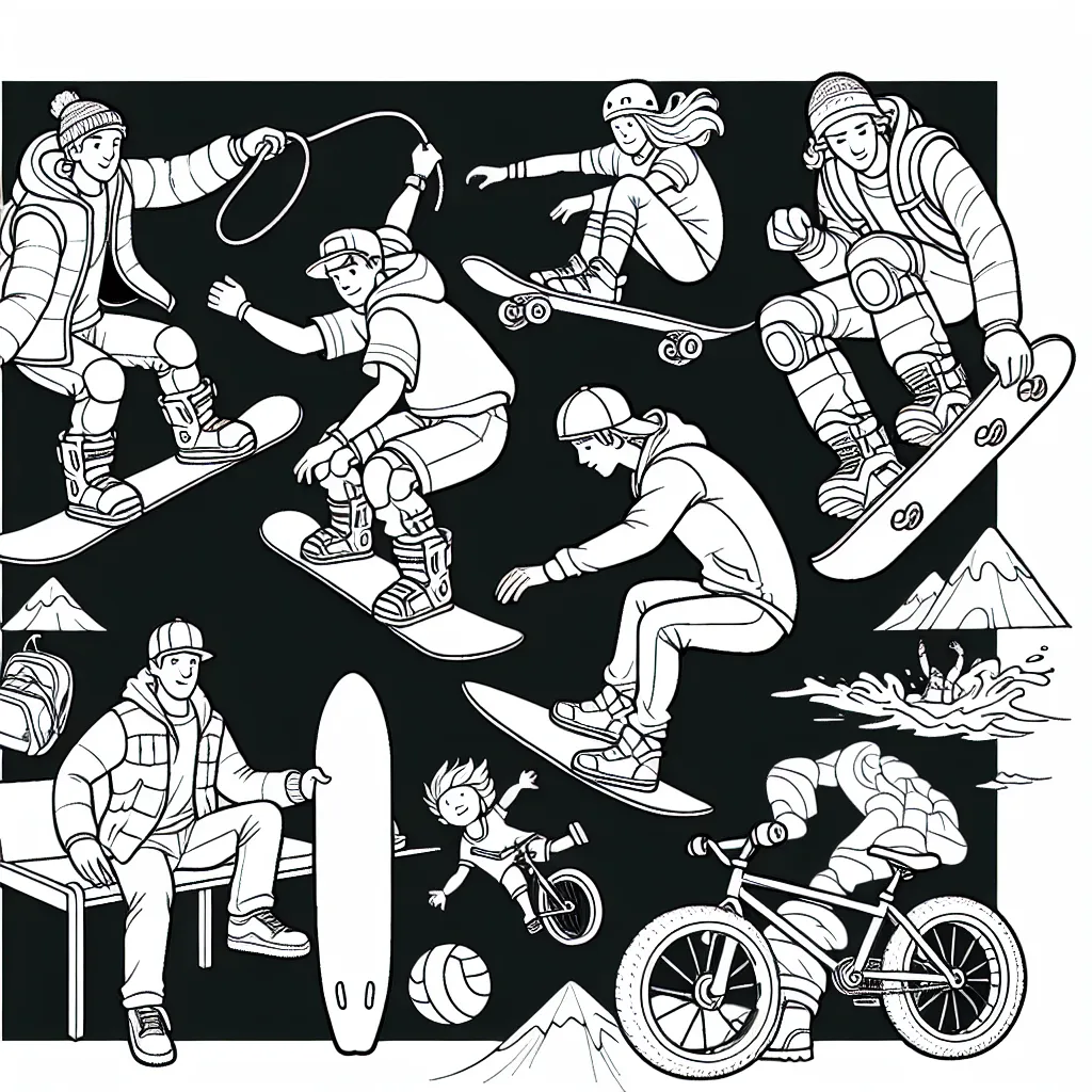 Une scène dynamique mettant en vedette des personnages pratiquant différents sports extrêmes, comme du snowboard, du surf, du BMX et de l'escalade.