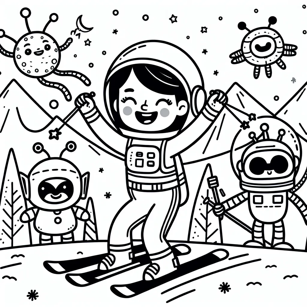 Un astronaute faisant du ski sur la Lune avec des extraterrestres sympathiques.