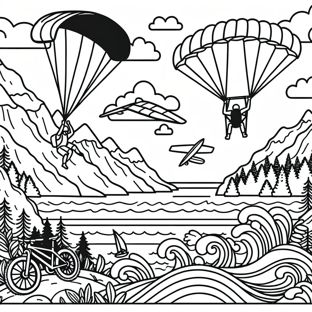 Imagine un coloriage mettant en scène un saut en parachute au-dessus de paysages montagneux, une descente en VTT à travers une forêt dense et une session de surf sur des vagues déchaînées.