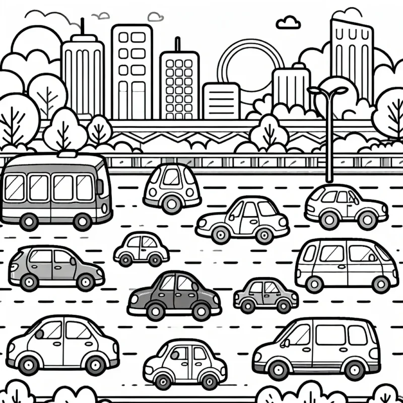 Dessine une scène montrant une variété de voitures de différentes formes et tailles sur une route animée.