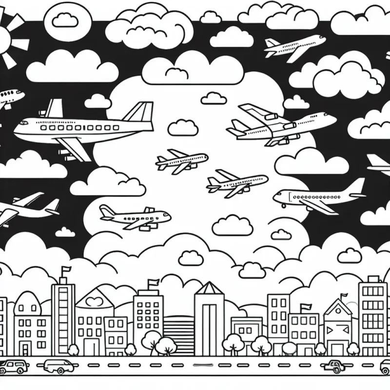 Voici une scène avec plusieurs types d'avions en vol dans le ciel, une ville en bas et quelques nuages ​​dans le ciel. Coloriez-les avec vos couleurs préférées.