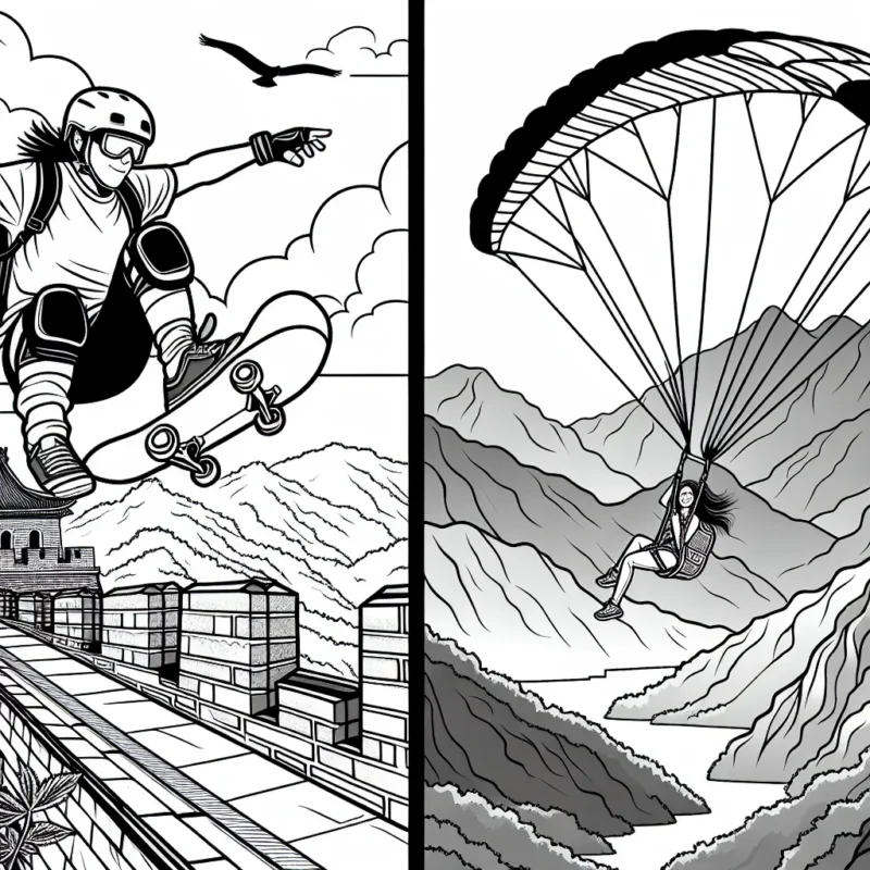 Dessine un skateur professionnel effectuant un saut impressionnant par-dessus la Grande Muraille de Chine, tandis qu'un parapentiste survole le paysage époustouflant.